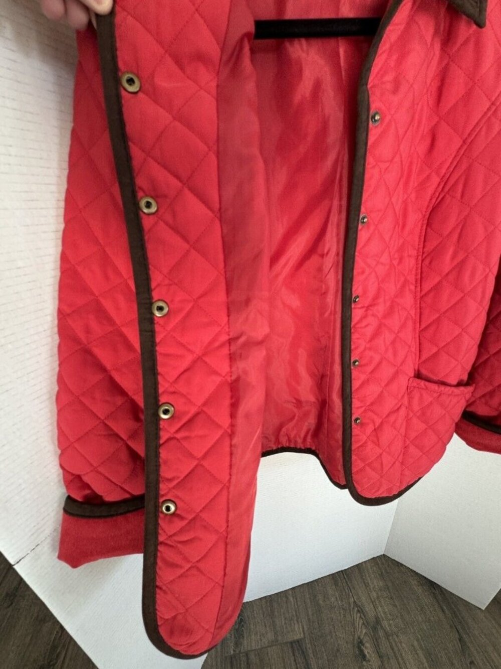 Joan Rivers Womens Red Quilted Jacket With Brown Trim Small Snap Closure Pockets - Picture 5 of 6